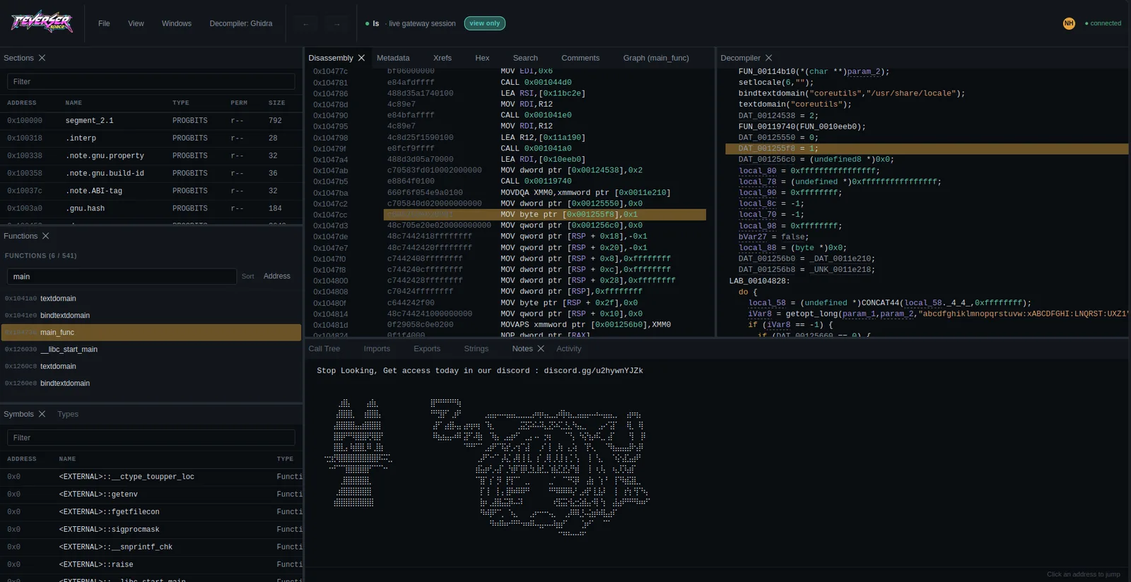 The reverser.space workspace: Sections, Functions and Symbols panels on the left, disassembly in the center, the Ghidra decompiler on the right, and a call tree below.