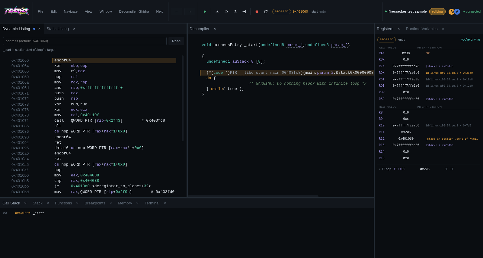 The real Reverser Space debugger showing dynamic disassembly, decompiled code, registers, and a stopped process.