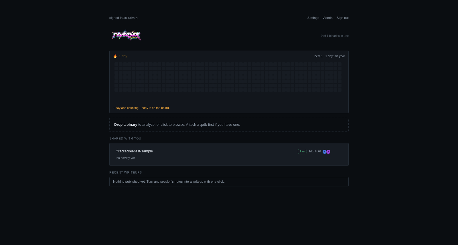The real Reverser Space session picker with an upload target, activity history, and a shared live session.