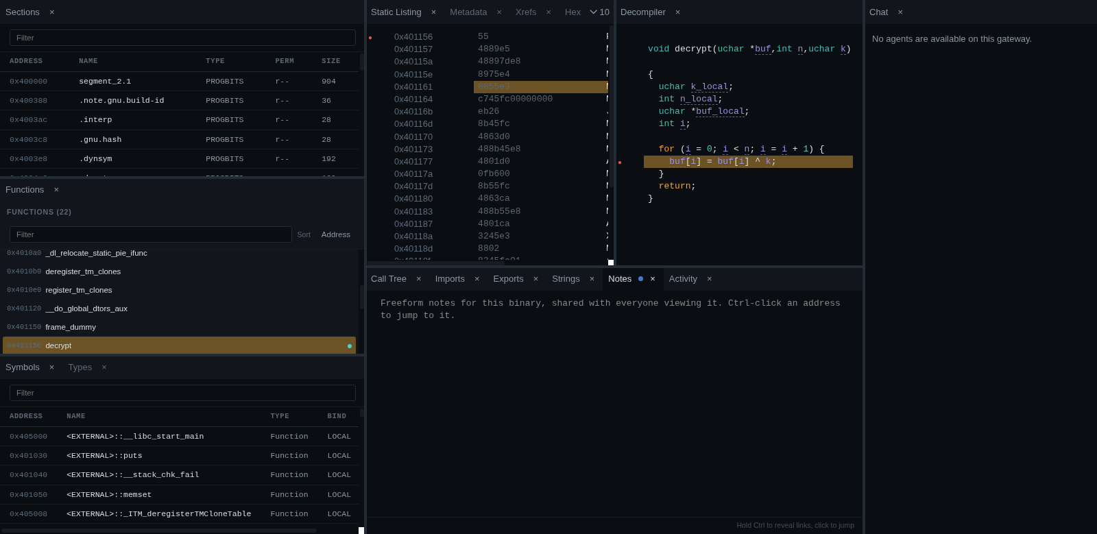 The real Reverser Space analysis workspace with sections, functions, symbols, static listing, Ghidra decompilation, notes, activity, and chat.